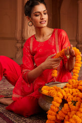 Red Chanderi Foil Printed Tunic-AHTUCHFP-8097